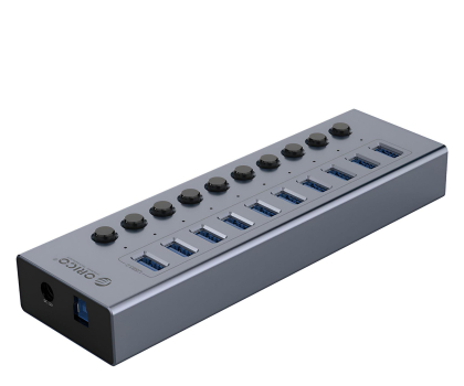 Hub USB Orico 10x USB-A 3.0 z włącznikami - szary